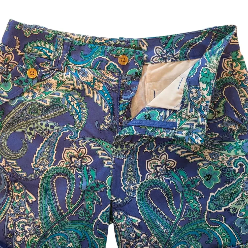 Lauren Ralph Lauren Shorts, Blue Green Paisley, Cuffed, Gold Buttons sz 4